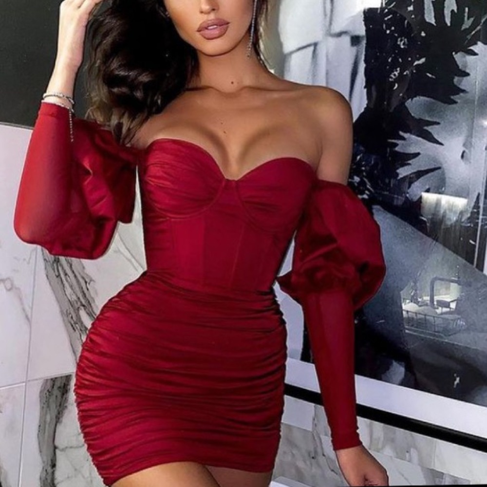 Bardot Puff Sleeve Mini Dress